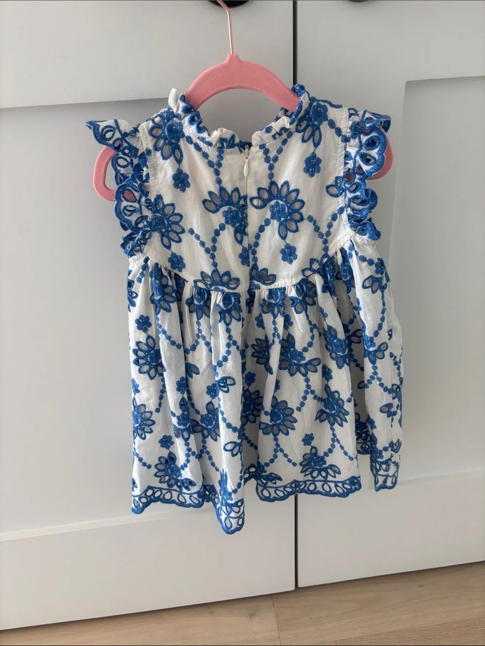Pink Chicken White Dress with Blue Floral Embroidery